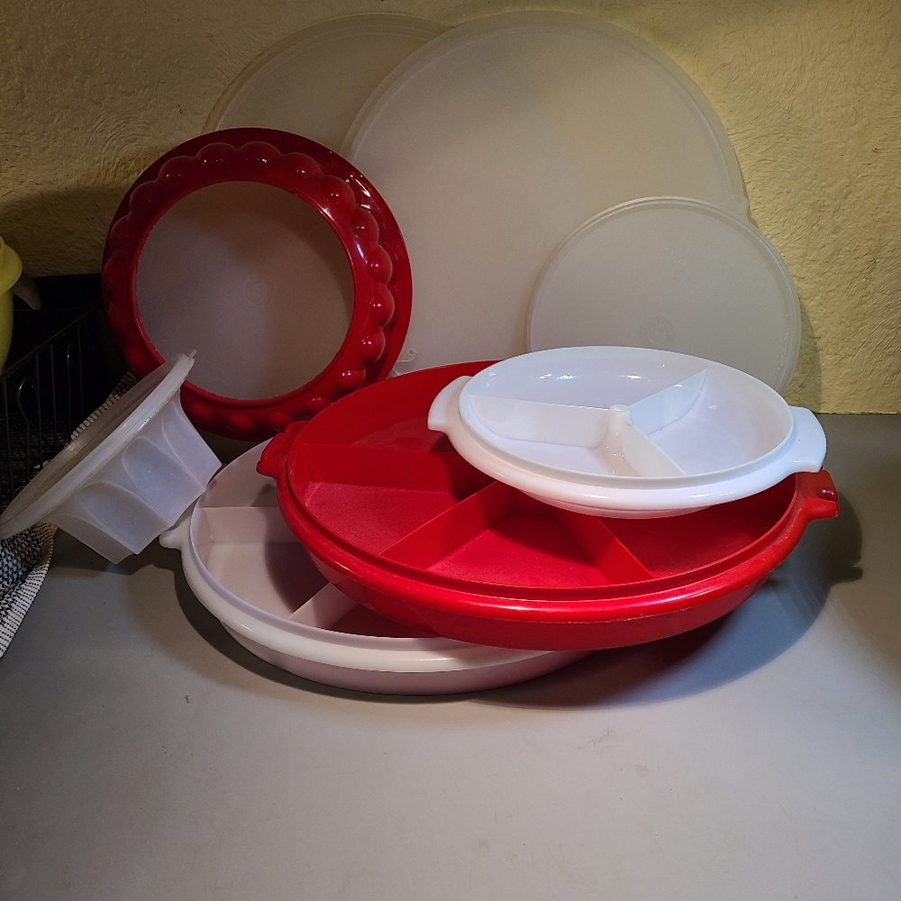 4 Pieces of Red and Vintage White Tupperware set.
